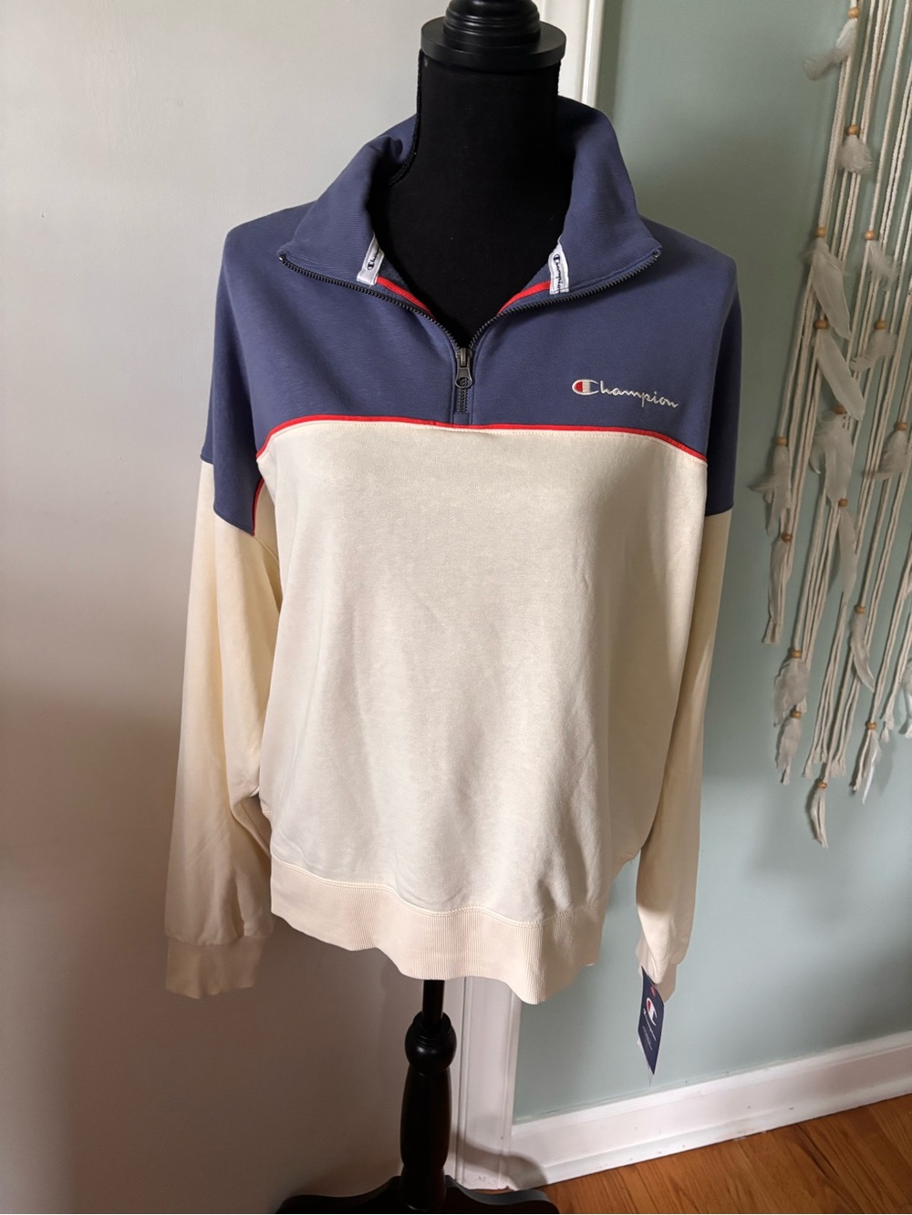 Champion Half-Zip Pullover in Blue & Cream NWT